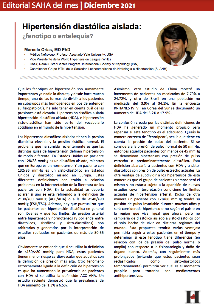 Diciembre 2021. Hipertensión diastólica aislada: ¿fenotipo o entelequia? Marcelo Orias, MD PhD