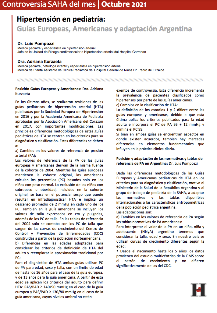Octubre 2021, Hipertensión en pediatría: Guías Europeas, Americanas y adaptación Argentina . Dr. Luis Pompozzi, Dra. Adriana Iturzaeta