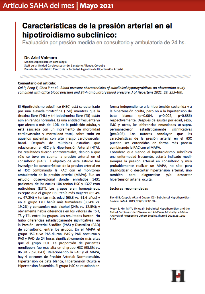 Mayo 2022: Características de la presión arterial en el hipotiroidismo subclínico: Evaluación por presión medida en consultorio y ambulatoria de 24 hs. Dr. Ariel Volmaro
