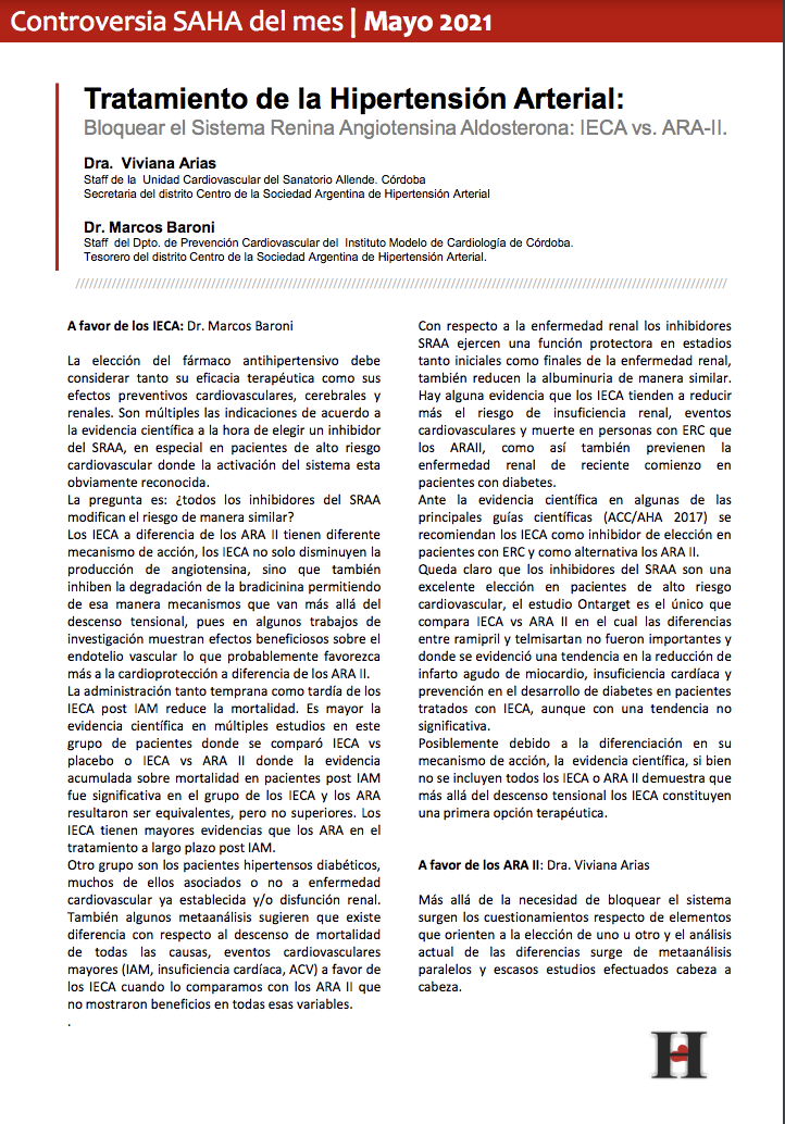 Mayo 2021, Tratamiento de la Hipertensión Arterial: Bloquear el Sistema Renina Angiotensina Aldosterona: IECA vs. ARA-II. Dra. Viviana Arias, Dr. Marcos Baroni